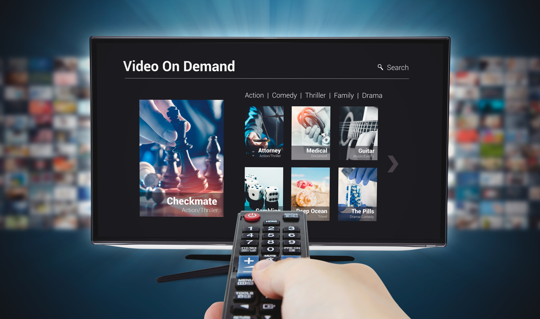 VOD - Video On Demand service. Television streaming.